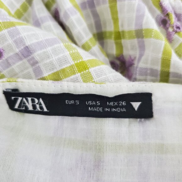 Zara Womens Embroidered Eyelet Gingham Check Mini Dress Size S Ruched Deep V - Picture 5 of 8